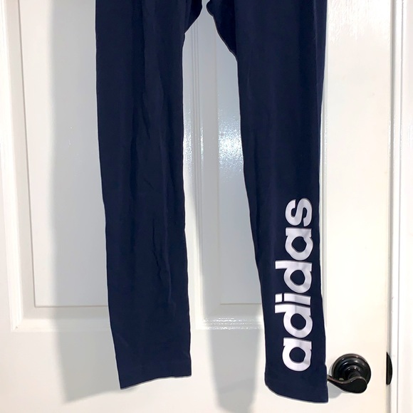 Adidas Navy blue leggings w/,”ADIDAS ,” written in white down front lower leg. - Picture 7 of 10